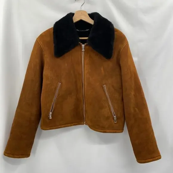 Nour Hammour S Nyla Simple Cropped Shearling Jacket in Cognac & Black - Picture 4 of 17